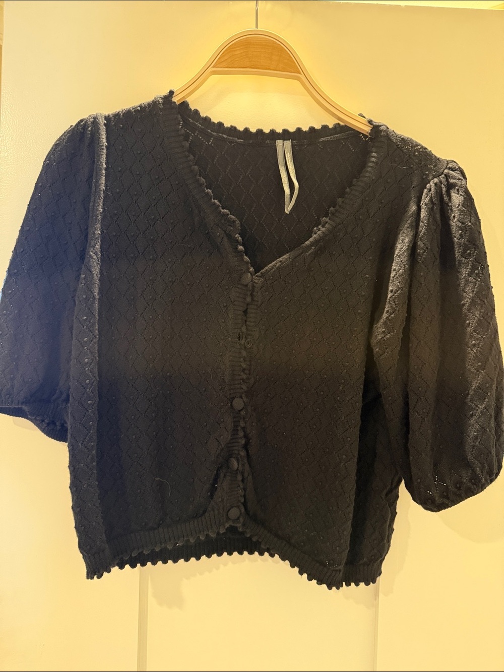 Anthropologie Black Diamond-Textured Puff Sleeve Button Cardigan